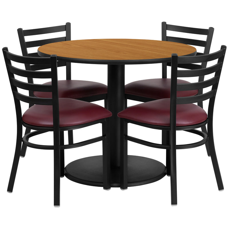 36'' Round Natural Laminate Table Set with Round Base and 4 Ladder Back Metal Chairs - Burgundy Vinyl Seat