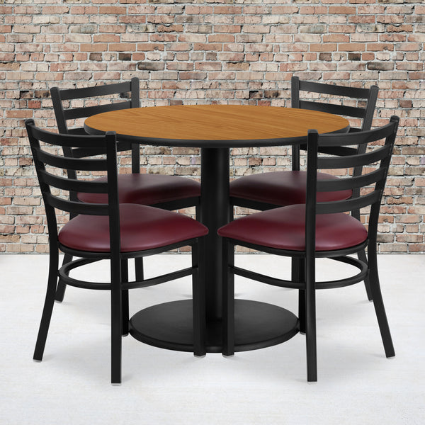 36'' Round Natural Laminate Table Set with Round Base and 4 Ladder Back Metal Chairs - Burgundy Vinyl Seat