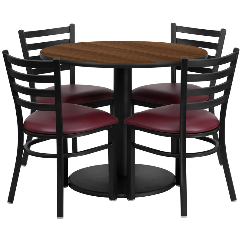 36'' Round Walnut Laminate Table Set with Round Base and 4 Ladder Back Metal Chairs - Burgundy Vinyl Seat