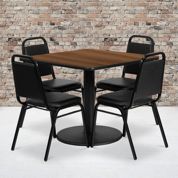 36'' Square Walnut Laminate Table Set with Round Base and 4 Black Trapezoidal Back Banquet Chairs