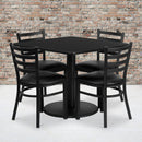 36'' Square Black Laminate Table Set with Round Base and 4 Ladder Back Metal Chairs - Black Vinyl Seat
