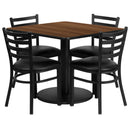 36'' Square Walnut Laminate Table Set with Round Base and 4 Ladder Back Metal Chairs - Black Vinyl Seat