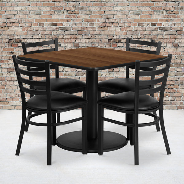 36'' Square Walnut Laminate Table Set with Round Base and 4 Ladder Back Metal Chairs - Black Vinyl Seat