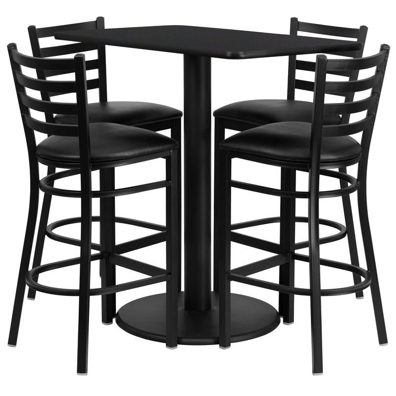 24'' x 42'' Rectangular Black Laminate Table Set with 4 Ladder Back Metal Barstools - Black Vinyl Seat