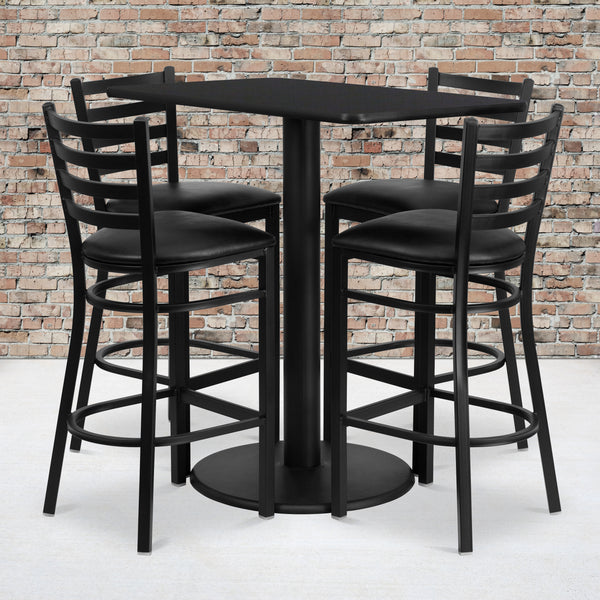 24'' x 42'' Rectangular Black Laminate Table Set with 4 Ladder Back Metal Barstools - Black Vinyl Seat