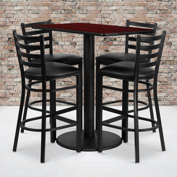 24'' x 42'' Rectangular Mahogany Laminate Table Set with 4 Ladder Back Metal Barstools - Black Vinyl Seat