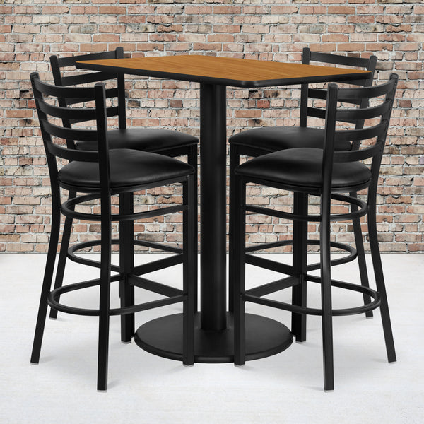 24'' x 42'' Rectangular Natural Laminate Table Set with 4 Ladder Back Metal Barstools - Black Vinyl Seat