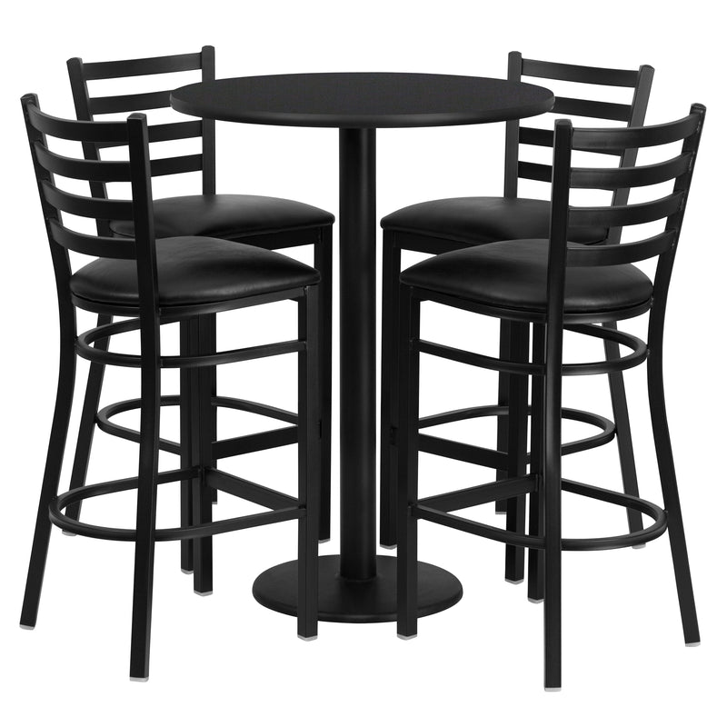 30'' Round Black Laminate Table Set with Round Base and 4 Ladder Back Metal Barstools - Black Vinyl Seat