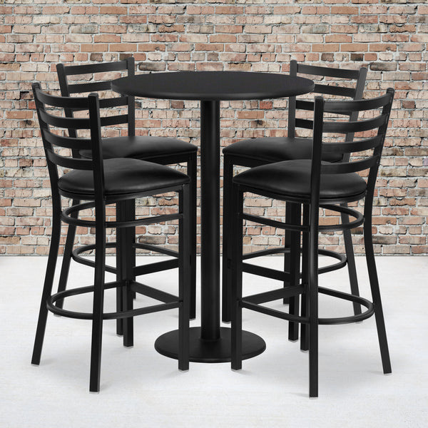 30'' Round Black Laminate Table Set with Round Base and 4 Ladder Back Metal Barstools - Black Vinyl Seat