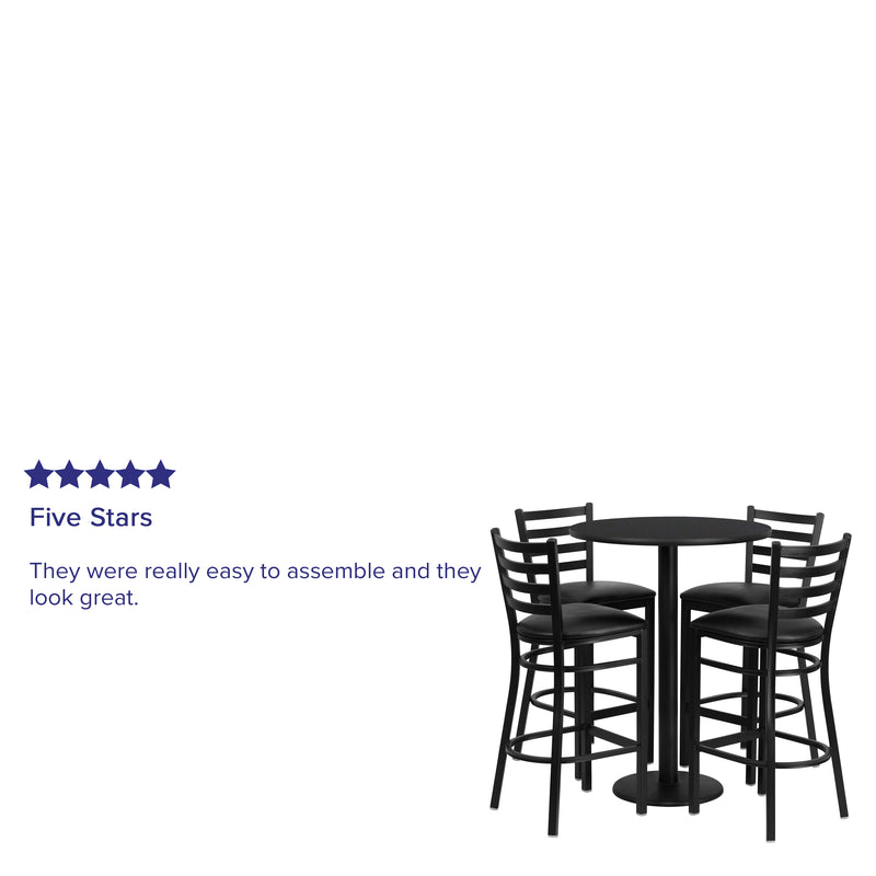 30'' Round Black Laminate Table Set with Round Base and 4 Ladder Back Metal Barstools - Black Vinyl Seat