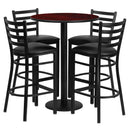30'' Round Mahogany Laminate Table Set with Round Base and 4 Ladder Back Metal Barstools - Black Vinyl Seat