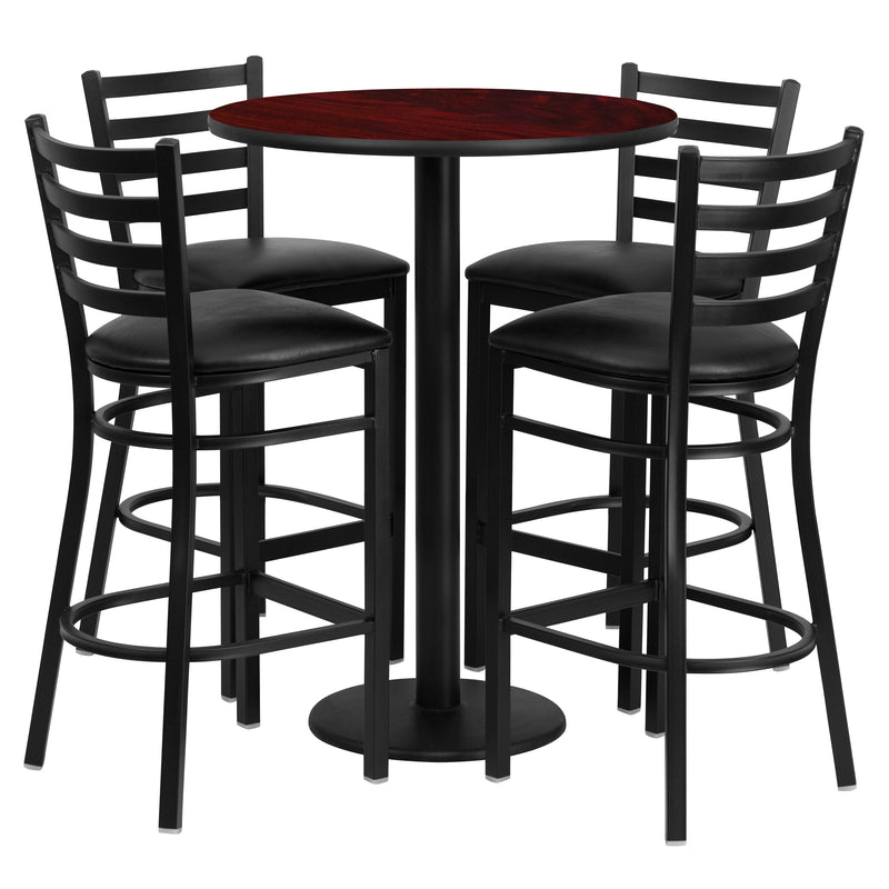 30'' Round Mahogany Laminate Table Set with Round Base and 4 Ladder Back Metal Barstools - Black Vinyl Seat