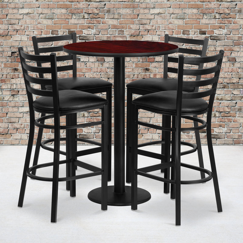 30'' Round Mahogany Laminate Table Set with Round Base and 4 Ladder Back Metal Barstools - Black Vinyl Seat