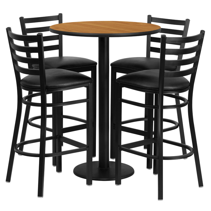 30'' Round Natural Laminate Table Set with Round Base and 4 Ladder Back Metal Barstools - Black Vinyl Seat