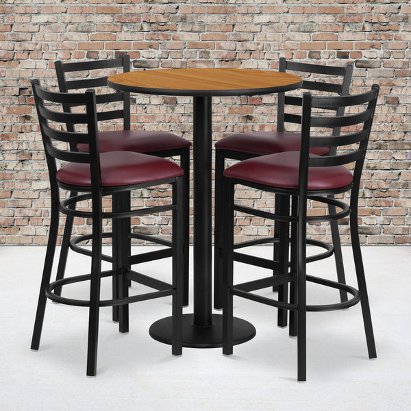 30'' Round Natural Laminate Table Set with Round Base and 4 Ladder Back Metal Barstools - Burgundy Vinyl Seat