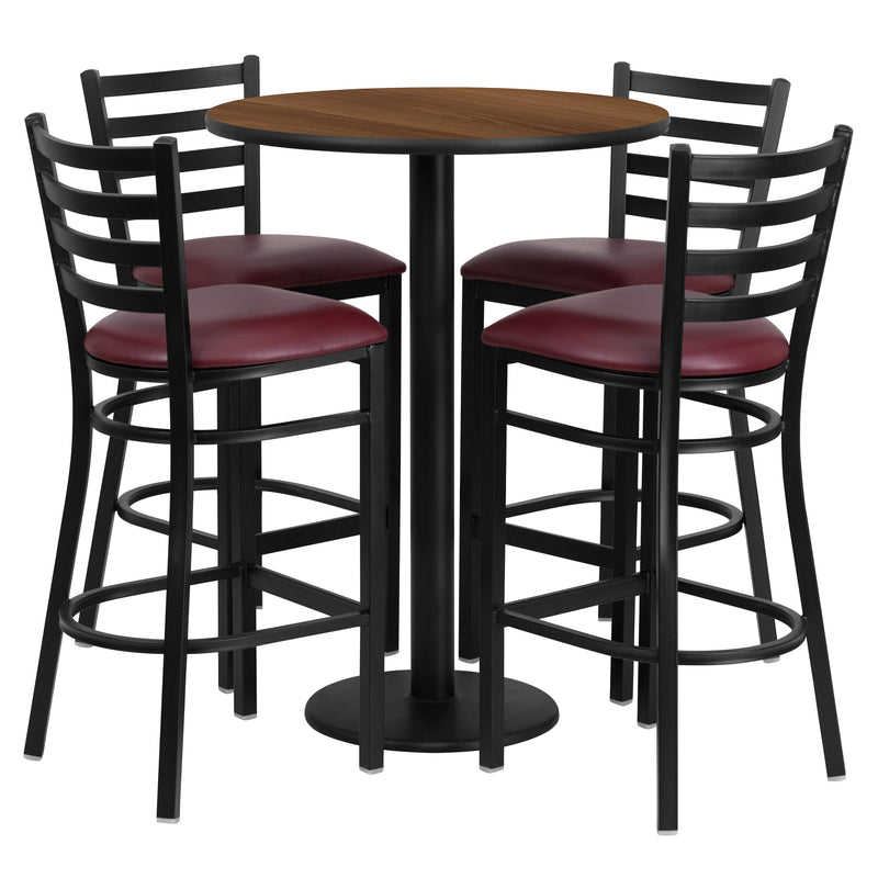 30'' Round Walnut Laminate Table Set with Round Base and 4 Ladder Back Metal Barstools - Burgundy Vinyl Seat