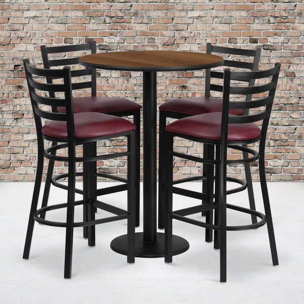 30'' Round Walnut Laminate Table Set with Round Base and 4 Ladder Back Metal Barstools - Burgundy Vinyl Seat