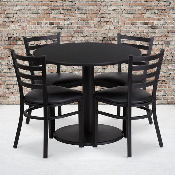36'' Round Black Laminate Table Set with Round Base and 4 Ladder Back Metal Chairs - Black Vinyl Seat