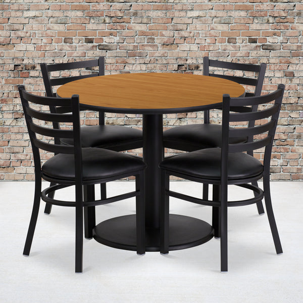 36'' Round Natural Laminate Table Set with Round Base and 4 Ladder Back Metal Chairs - Black Vinyl Seat