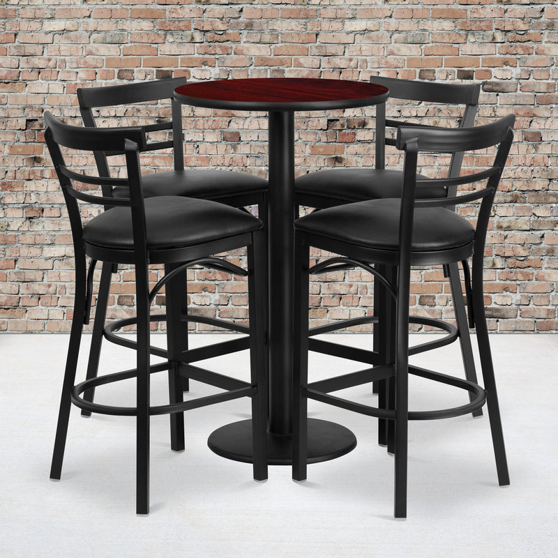 24'' Round Mahogany Laminate Table Set with Round Base and 4 Two-Slat Ladder Back Metal Barstools - Black Vinyl Seat