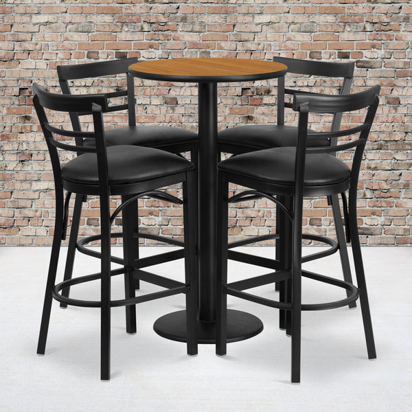 24'' Round Natural Laminate Table Set with Round Base and 4 Two-Slat Ladder Back Metal Barstools - Black Vinyl Seat