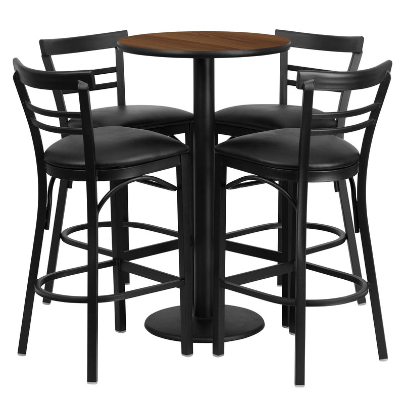 24'' Round Walnut Laminate Table Set with Round Base and 4 Two-Slat Ladder Back Metal Barstools - Black Vinyl Seat