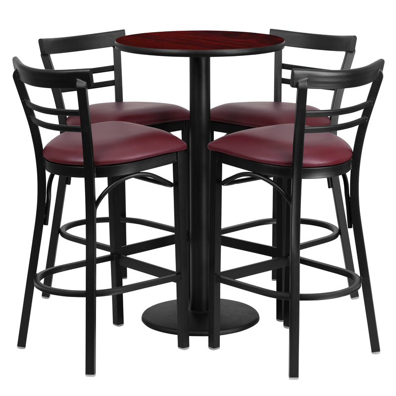 24'' Round Mahogany Laminate Table Set with Round Base and 4 Two-Slat Ladder Back Metal Barstools - Burgundy Vinyl Seat