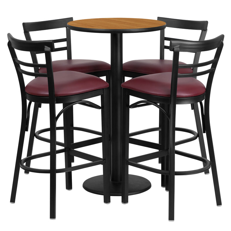 24'' Round Natural Laminate Table Set with Round Base and 4 Two-Slat Ladder Back Metal Barstools - Burgundy Vinyl Seat