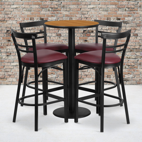 24'' Round Natural Laminate Table Set with Round Base and 4 Two-Slat Ladder Back Metal Barstools - Burgundy Vinyl Seat