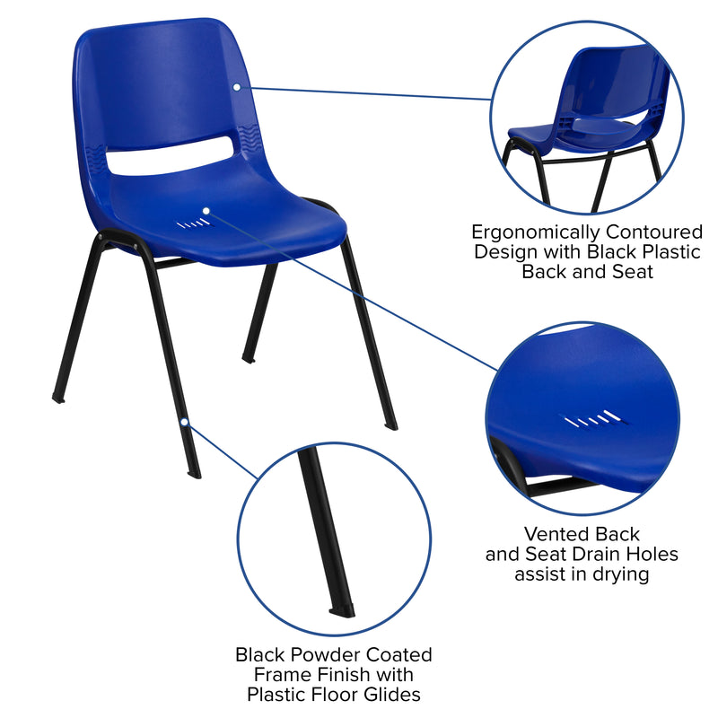 SINGLEWAVE Series 440 lb. Capacity Kid's Navy Ergonomic Shell Stack Chair with Black Frame and 12" Seat Height