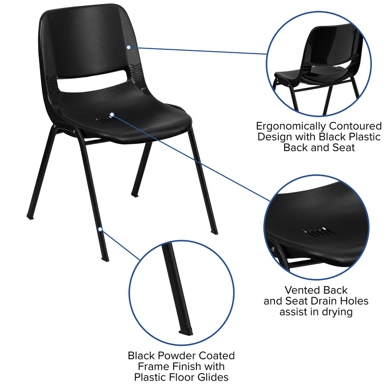 SINGLEWAVE Series 440 lb. Capacity Kid's Black Ergonomic Shell Stack Chair with Black Frame and 12" Seat Height