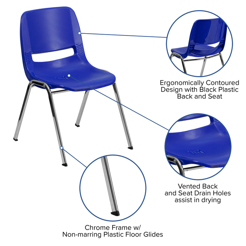 SINGLEWAVE Series 440 lb. Capacity Kid's Navy Ergonomic Shell Stack Chair with Chrome Frame and 14" Seat Height