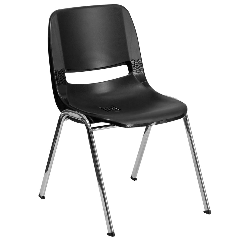 SINGLEWAVE Series 661 lb. Capacity Black Ergonomic Shell Stack Chair with Chrome Frame and 16'' Seat Height