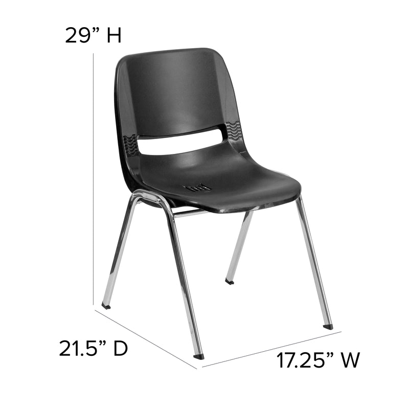 SINGLEWAVE Series 661 lb. Capacity Black Ergonomic Shell Stack Chair with Chrome Frame and 16'' Seat Height