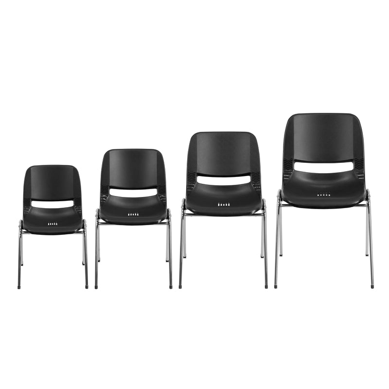 SINGLEWAVE Series 661 lb. Capacity Black Ergonomic Shell Stack Chair with Chrome Frame and 16'' Seat Height