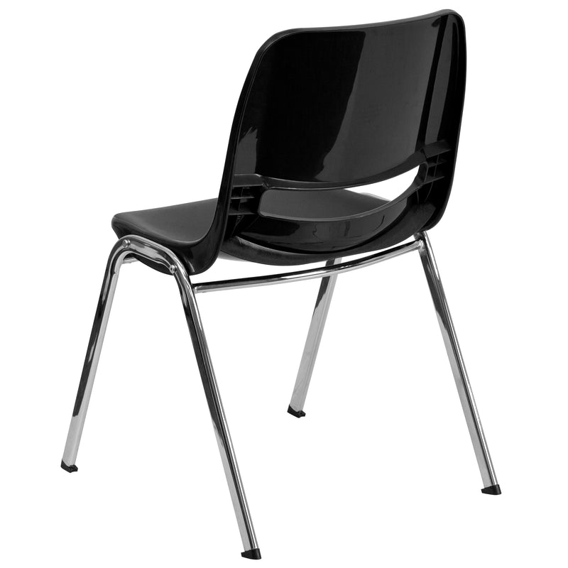 SINGLEWAVE Series 661 lb. Capacity Black Ergonomic Shell Stack Chair with Chrome Frame and 16'' Seat Height