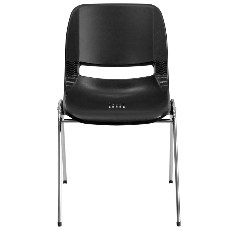 SINGLEWAVE Series 661 lb. Capacity Black Ergonomic Shell Stack Chair with Chrome Frame and 16'' Seat Height