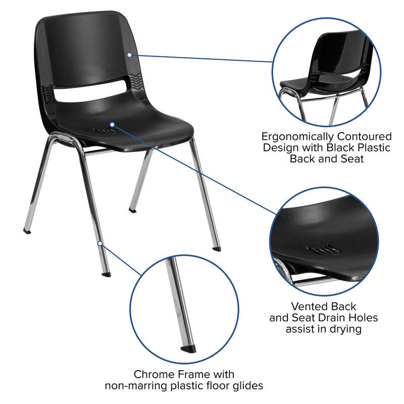 SINGLEWAVE Series 661 lb. Capacity Black Ergonomic Shell Stack Chair with Chrome Frame and 16'' Seat Height