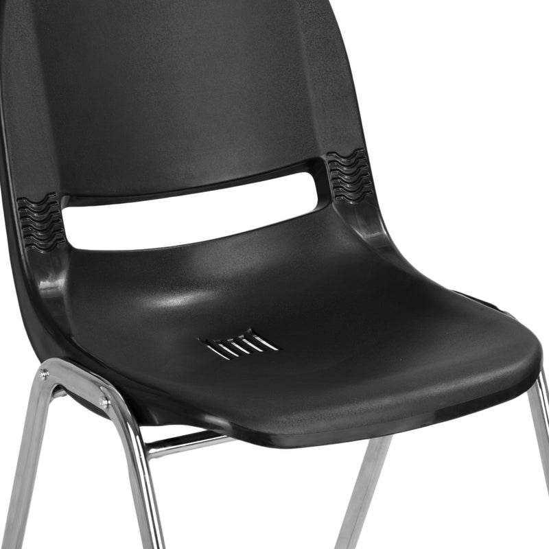 SINGLEWAVE Series 661 lb. Capacity Black Ergonomic Shell Stack Chair with Chrome Frame and 16'' Seat Height