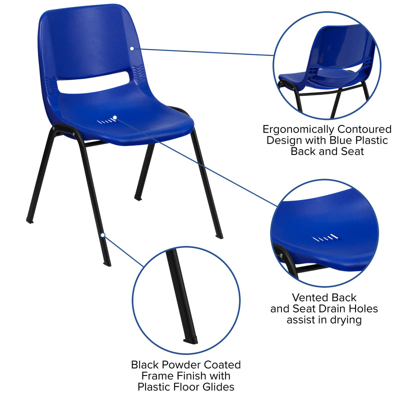 SINGLEWAVE Series 661 lb. Capacity Navy Ergonomic Shell Stack Chair with Black Frame and 16'' Seat Height