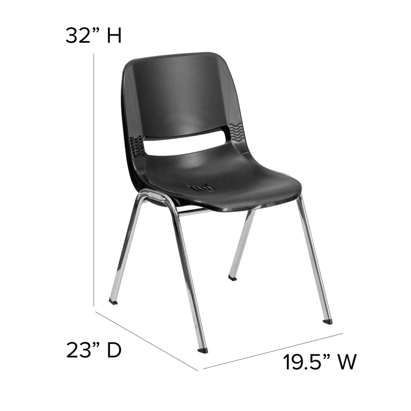 SINGLEWAVE Series 880 lb. Capacity Black Ergonomic Shell Stack Chair with Chrome Frame and 18'' Seat Height