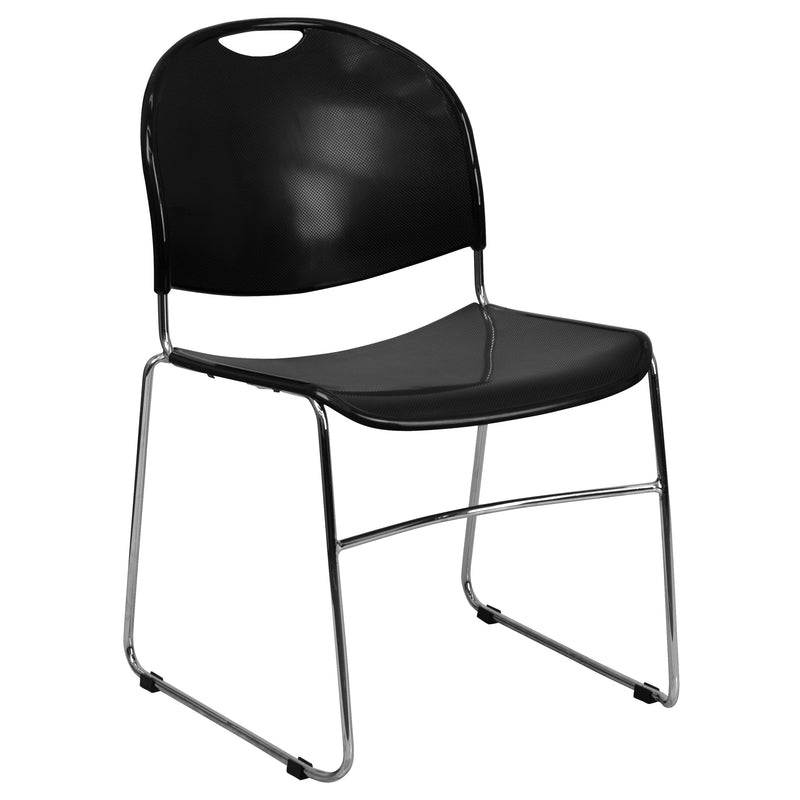 SINGLEWAVE Series 880 lb. Capacity Black Ultra-Compact Stack Chair with Chrome Frame