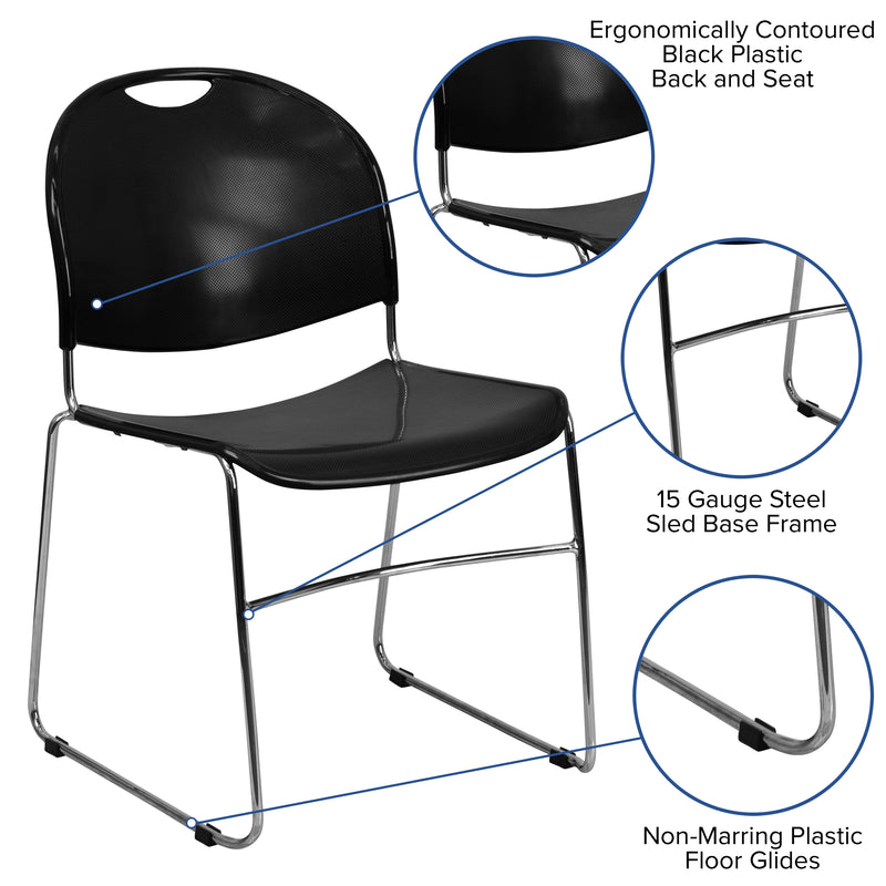 SINGLEWAVE Series 880 lb. Capacity Black Ultra-Compact Stack Chair with Chrome Frame