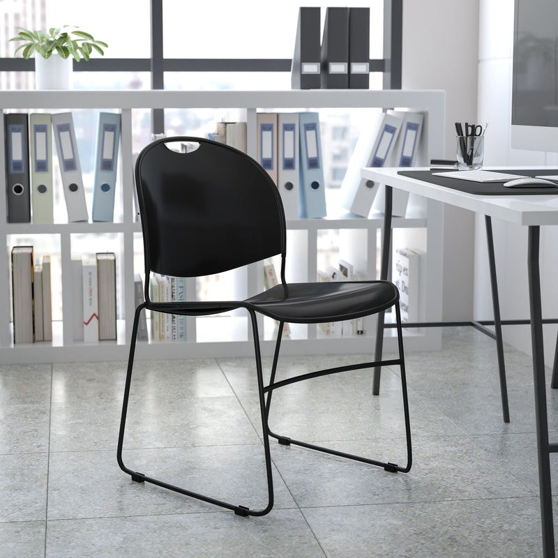 SINGLEWAVE Series 880 lb. Capacity Black Ultra-Compact Stack Chair with Black Powder Coated Frame