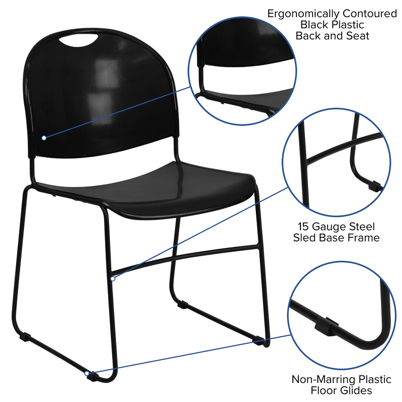 SINGLEWAVE Series 880 lb. Capacity Black Ultra-Compact Stack Chair with Black Powder Coated Frame