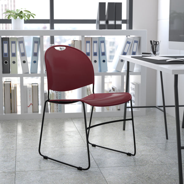 SINGLEWAVE Series 880 lb. Capacity Burgundy Ultra-Compact Stack Chair with Black Powder Coated Frame