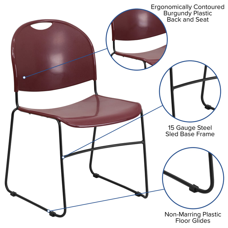 SINGLEWAVE Series 880 lb. Capacity Burgundy Ultra-Compact Stack Chair with Black Powder Coated Frame