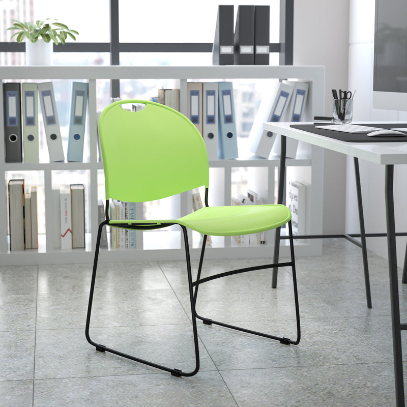 SINGLEWAVE Series 880 lb. Capacity Green Ultra-Compact Stack Chair with Black Powder Coated Frame