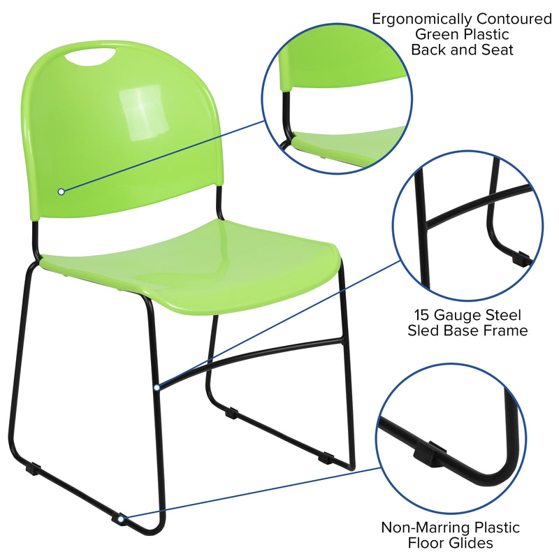 SINGLEWAVE Series 880 lb. Capacity Green Ultra-Compact Stack Chair with Black Powder Coated Frame