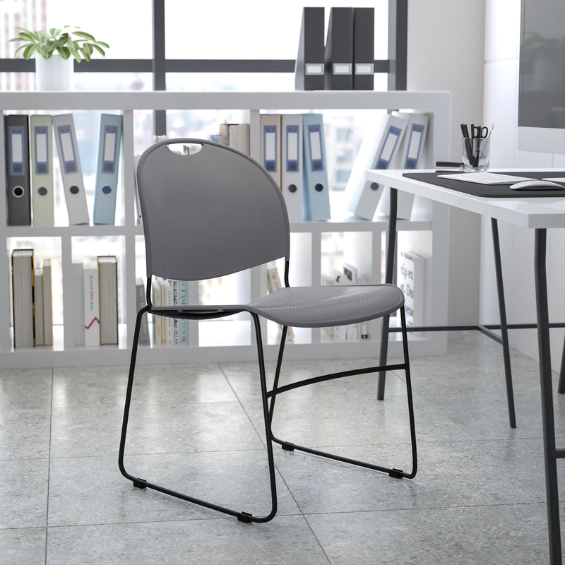 SINGLEWAVE Series 880 lb. Capacity Gray Ultra-Compact Stack Chair with Black Powder Coated Frame